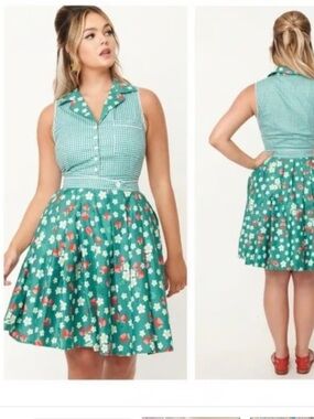 UNIQUE VINTAGE Teal Strawberry and Floral Print Swing Skirt